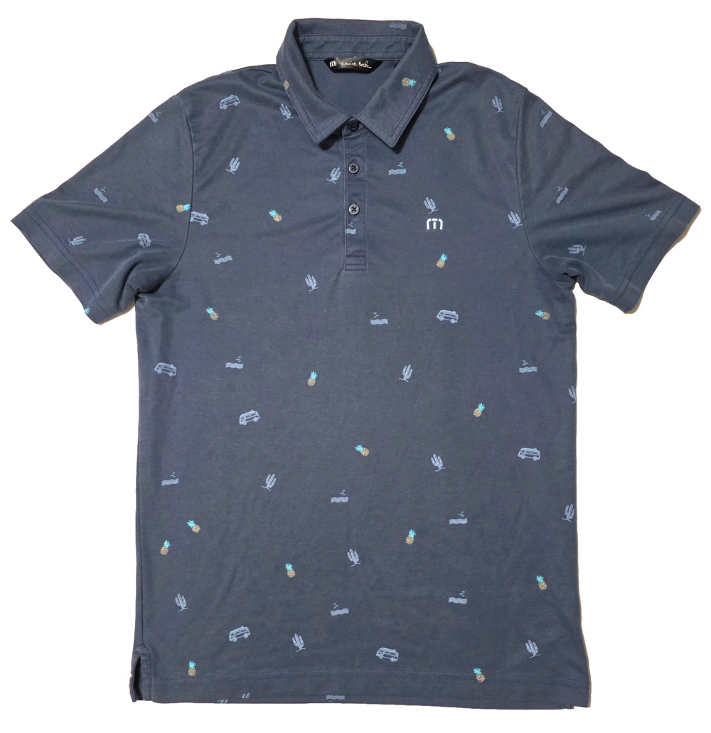 Travis Mathew Polo Shirt Mens Size M Blue Pima Cotton Novelty Cactus Pineapple